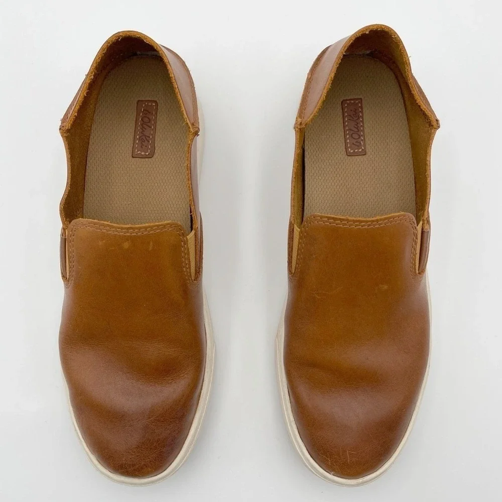 OluKai Womens Brown Pehuea Leather Round Toe Slip-On‎ Comfort Sneaker Shoes 8
